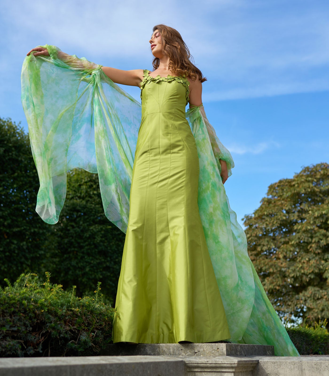 Green tie-dye dress with cape