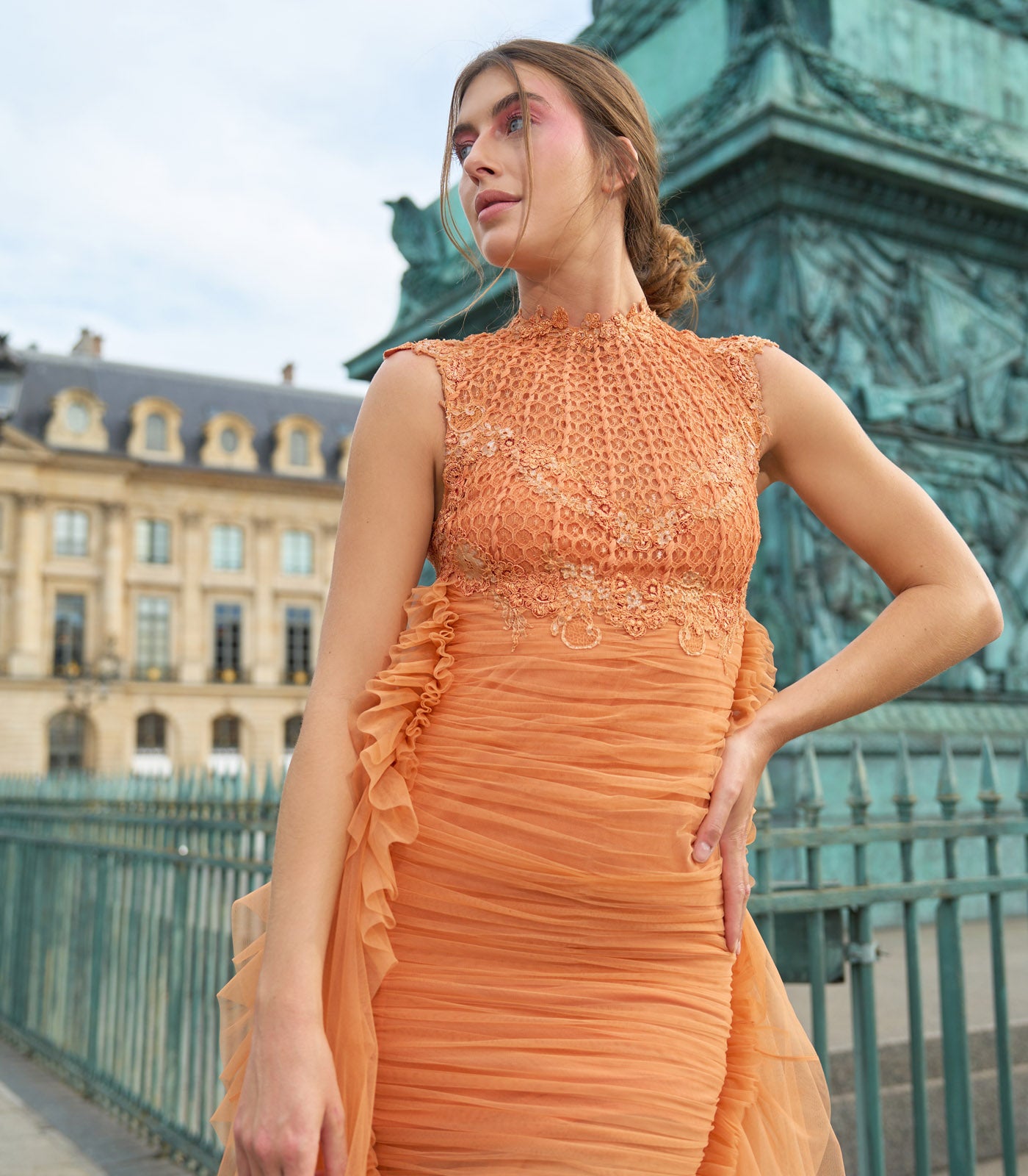 Pleated Sheer Dress with Drapes