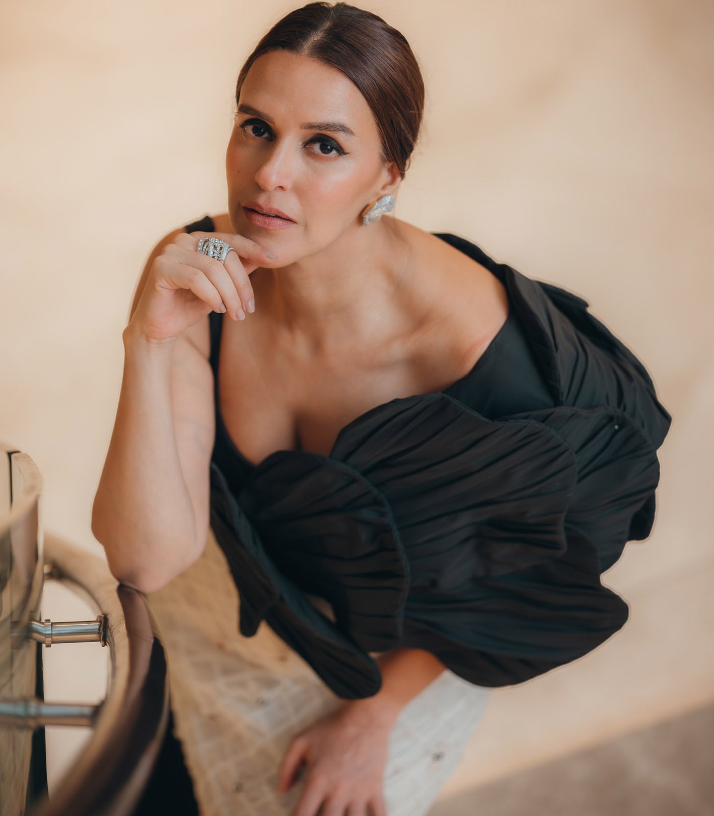 Neha Dhupia spotted in our black and white textured gown