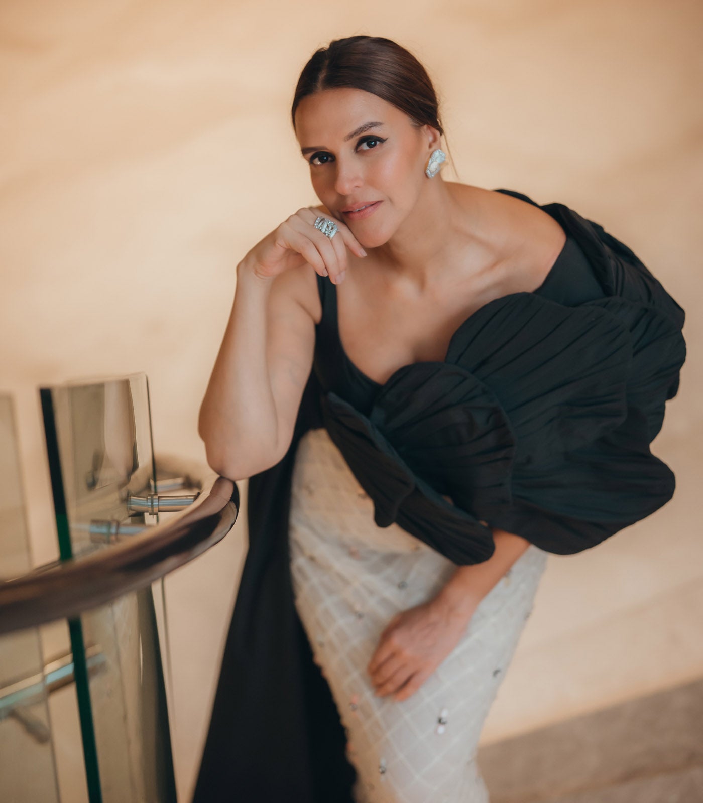 Neha Dhupia spotted in our black and white textured gown