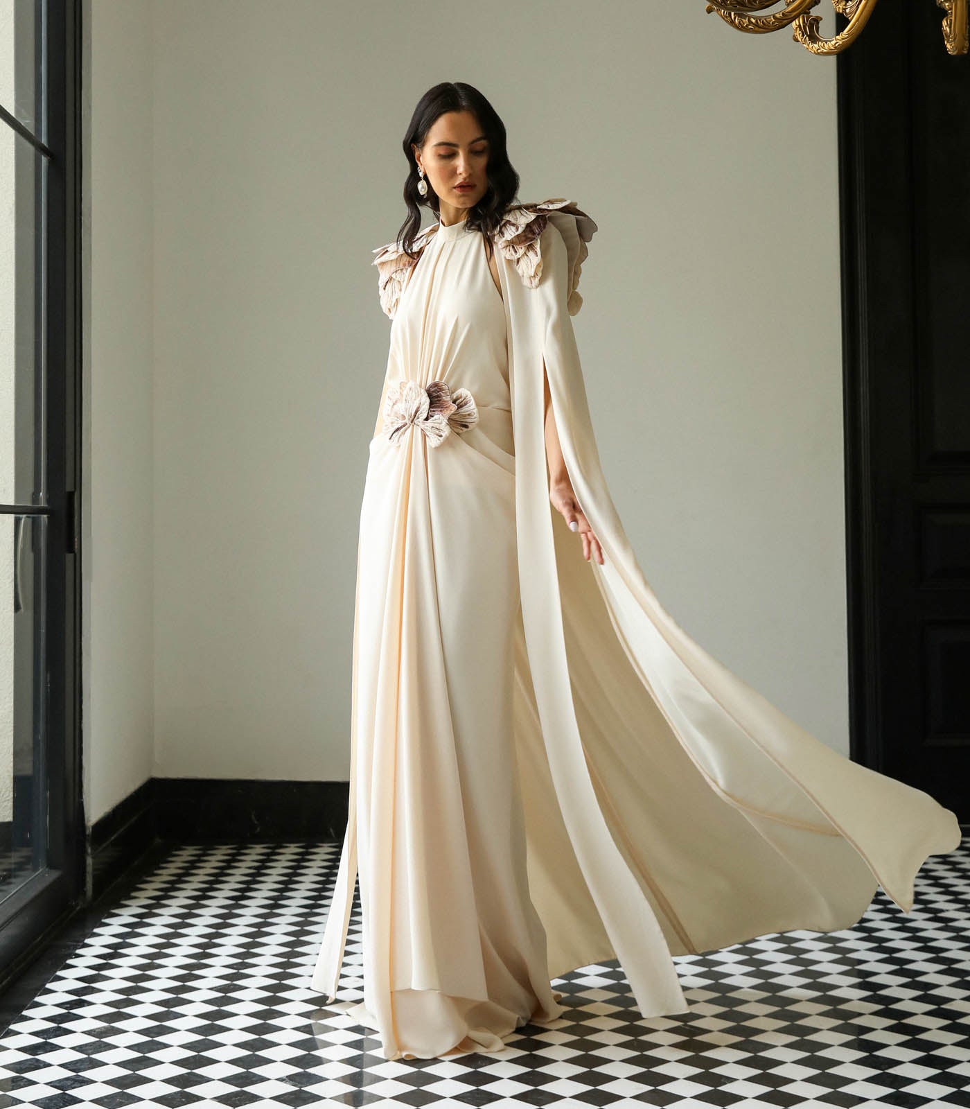 Gathered Layer Cape Gown