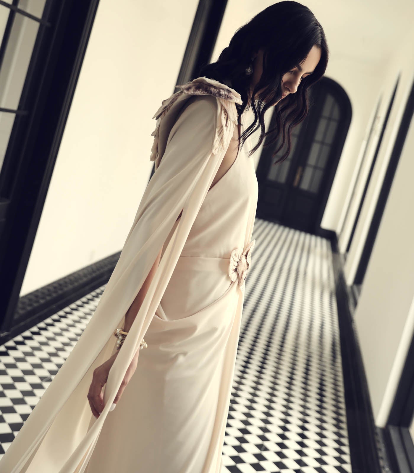 Gathered Layer Cape Gown