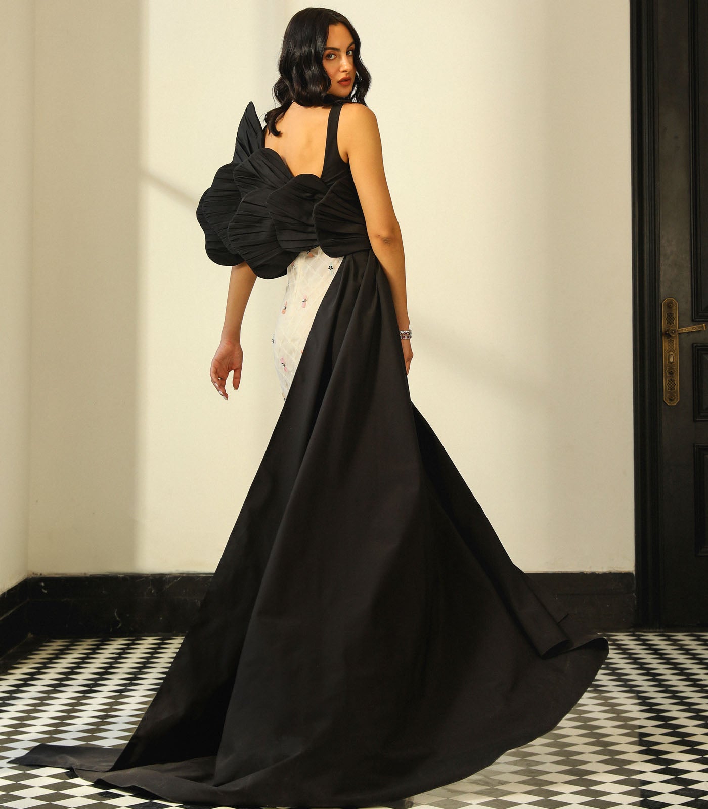 Ruched Panel Textured Gown