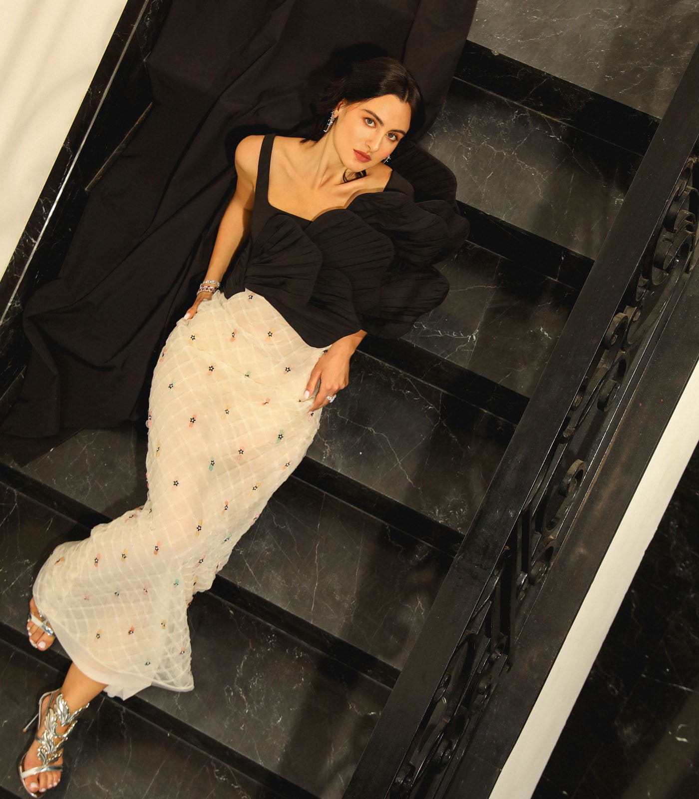 Ruched Panel Textured Gown