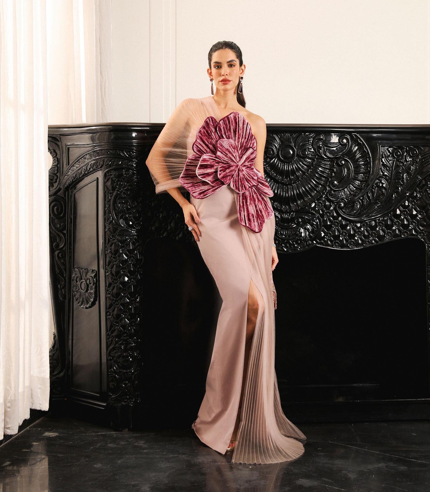 Strapless Pleated Panel Gown