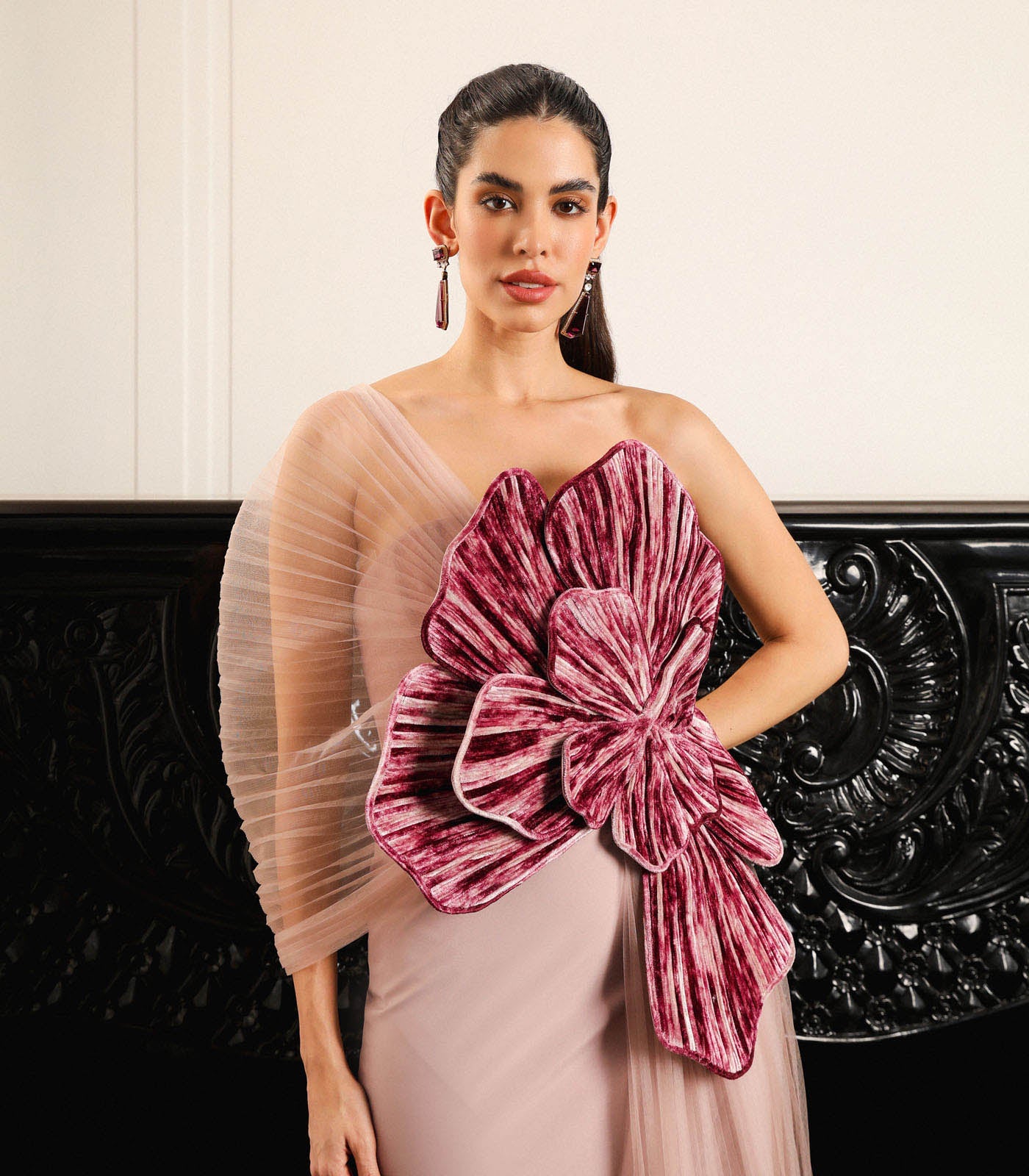 Strapless Pleated Panel Gown