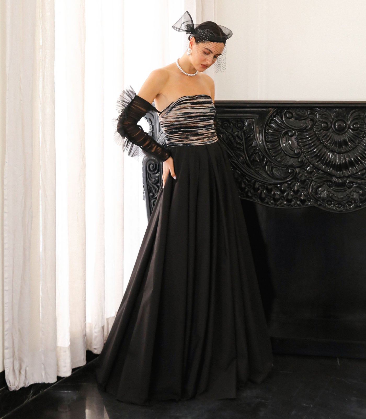 Strapless Ruched Sleeve Gown