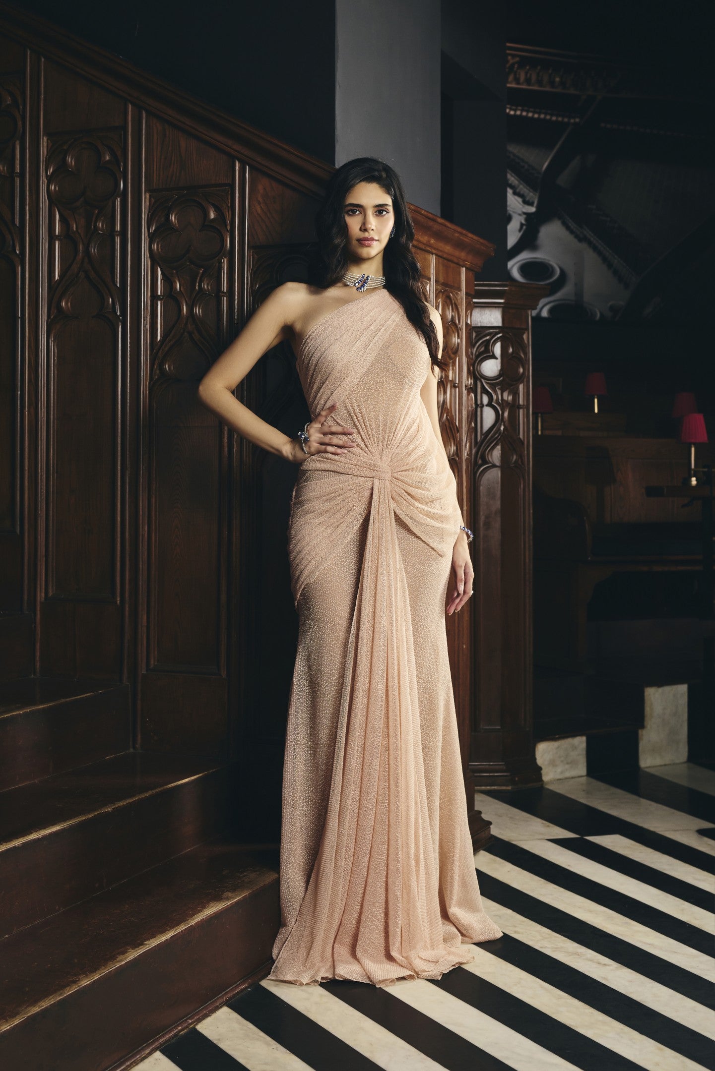 Pleated One shoulder Gown
