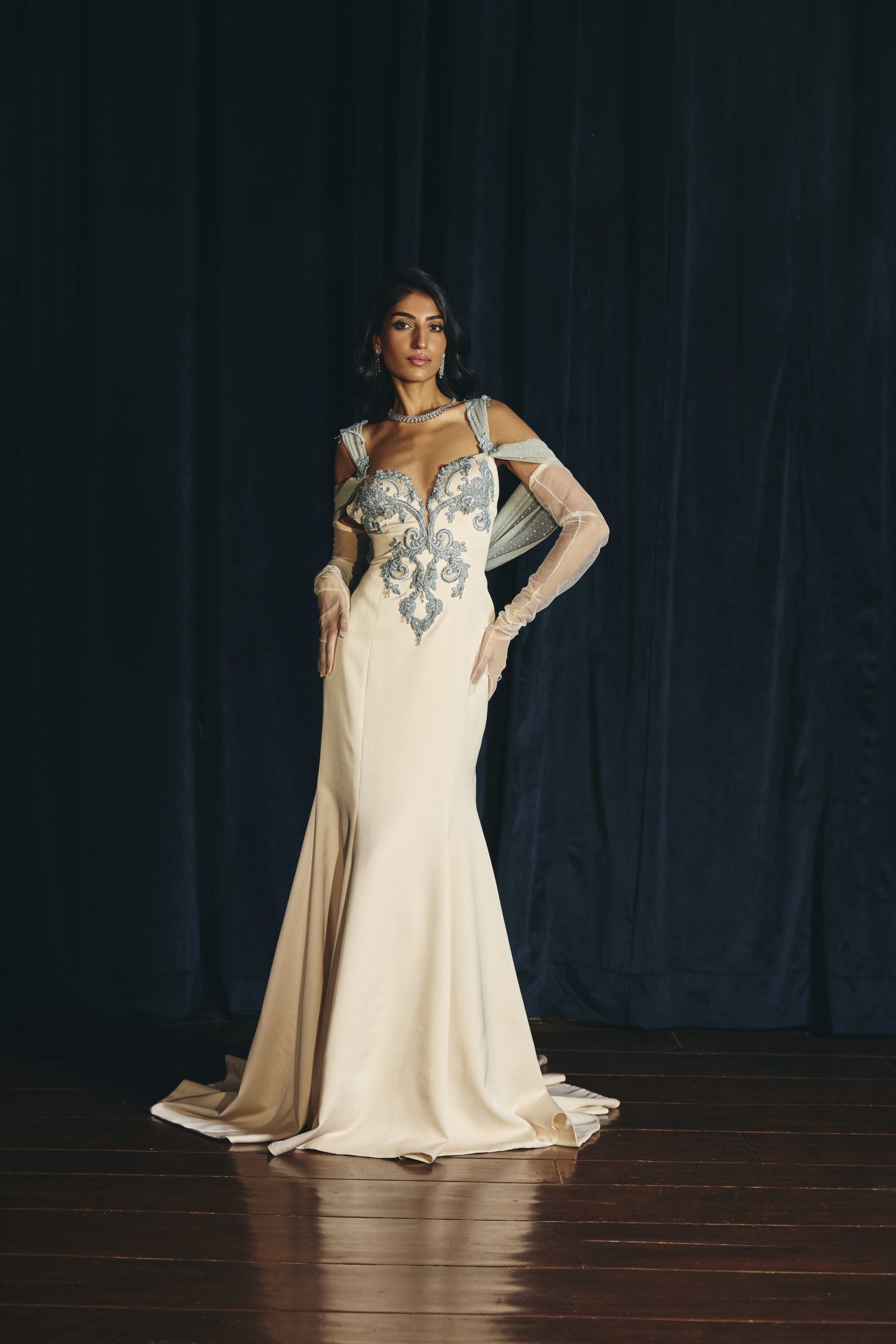 Embroidered Drape Gown
