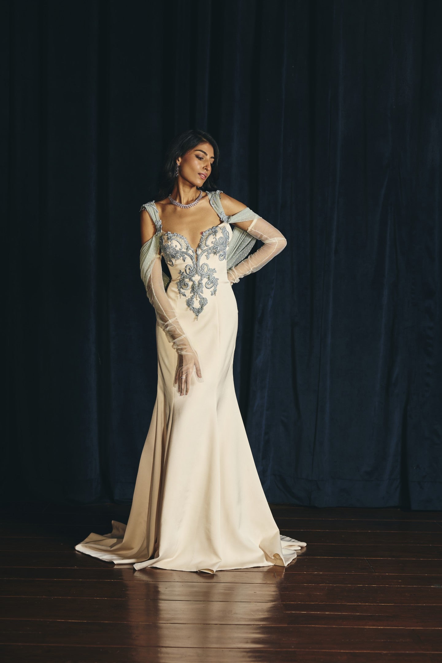 Embroidered Drape Gown