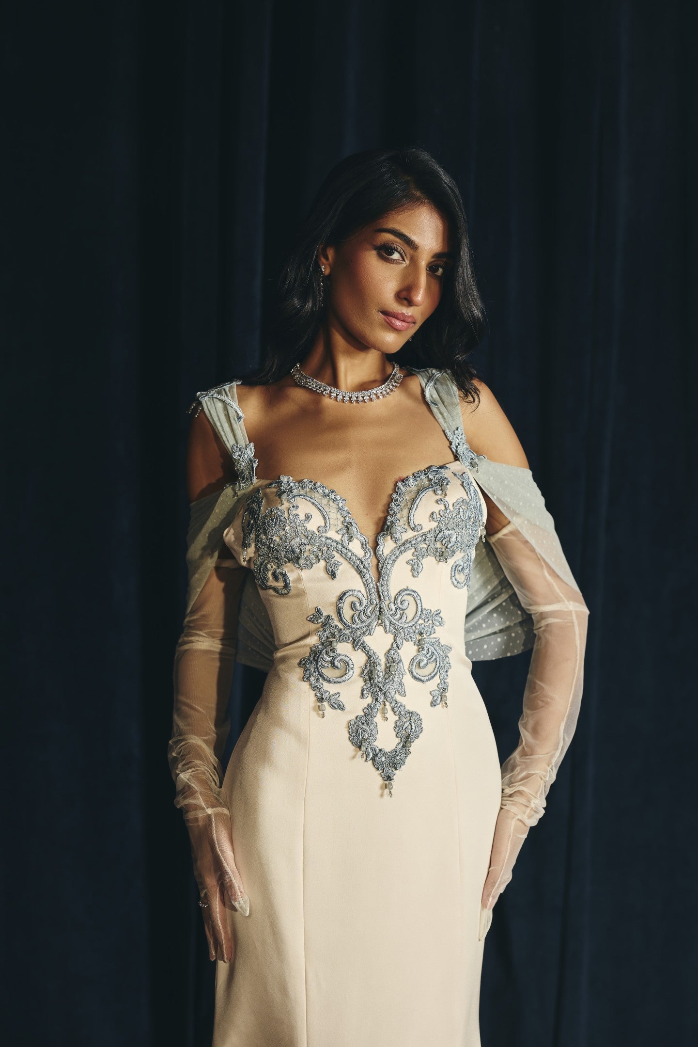 Embroidered Drape Gown