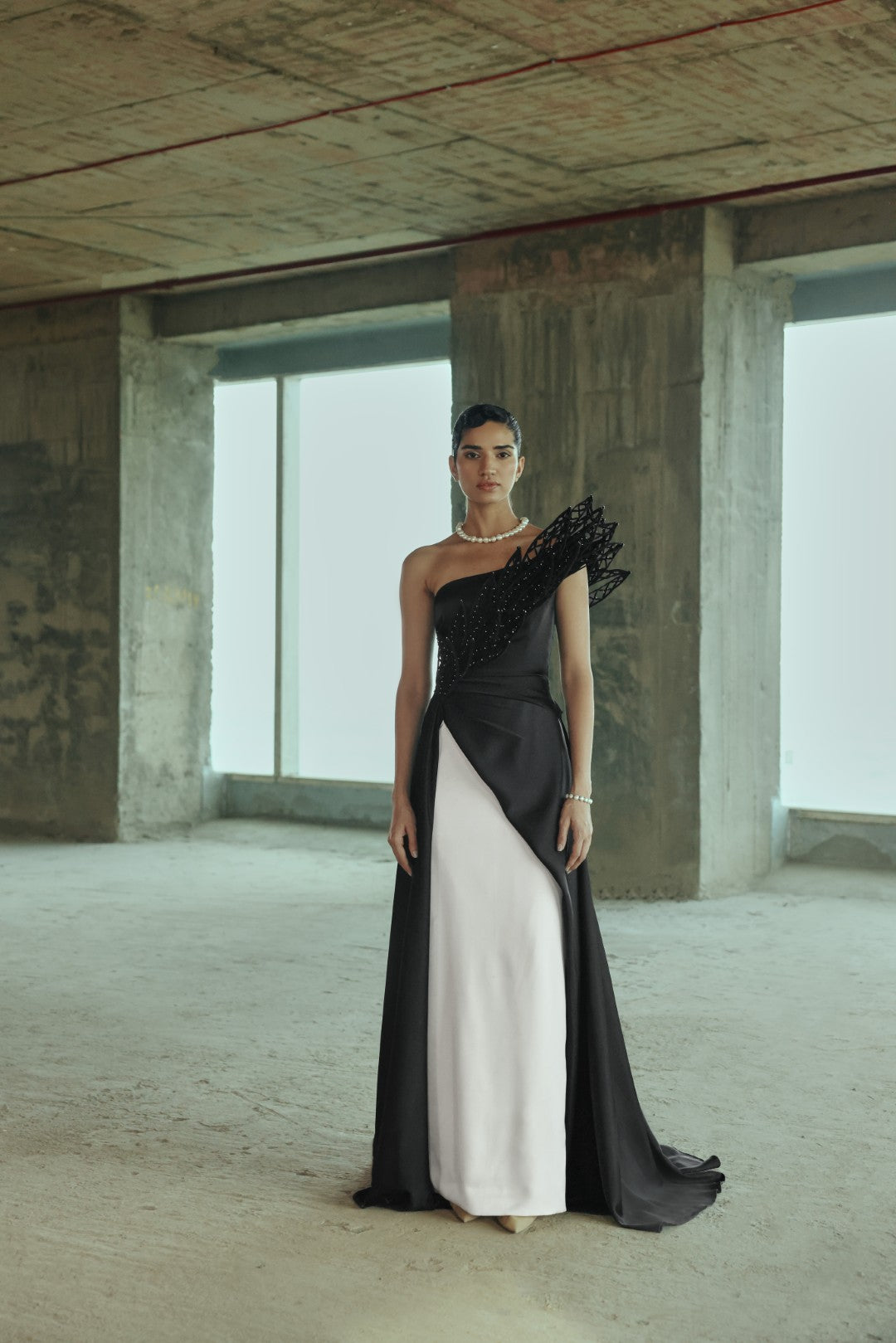 Embellished asymmetrical gown