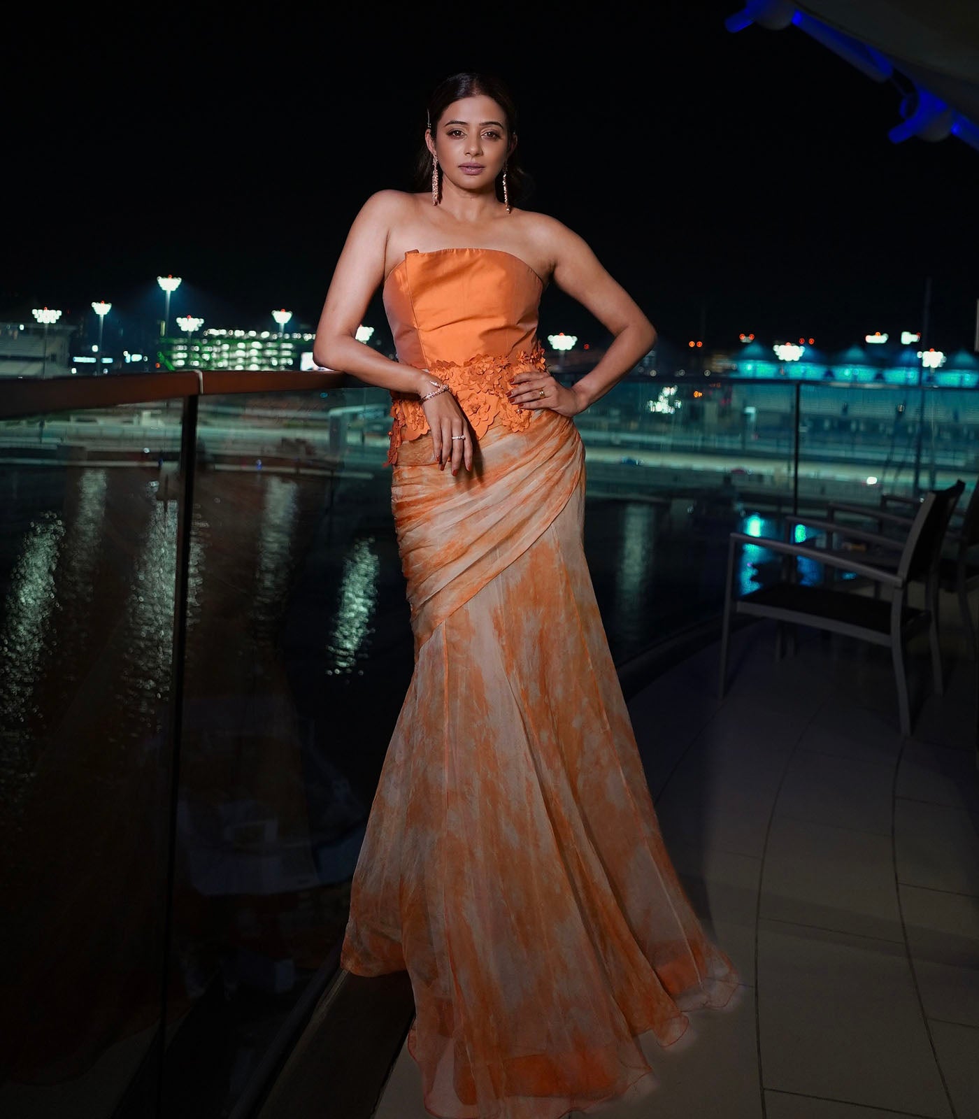 Priya Mani spotted in our orange strapless asymmetrical gown dress
